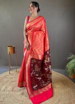 Pure Soft Silk Peach Pink Traditional Wear Weaving Saree